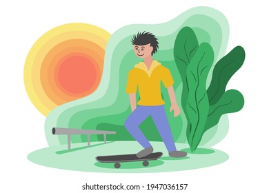 Illustration of a man playing skateboard in the park in the sun
