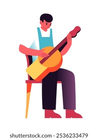 Ilustración de un hombre tocando una guitarra española, dibujado en un estilo minimalista y plano. Ilustración vectorial aislada sobre fondo blanco, ideal para diseños relacionados con la música.