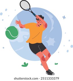 Illustration of a man playing tennis ball with a dynamic and colorful design concept that gives the impression of courage and enthusiasm.