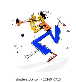 Illustration of a man playing the trumpet. Vector. Bright vintage image of a musician. Metaphor. Flat style. Illustration for website or poster. Original, fashionable illustration.
