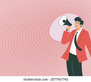 Illustration Of A Man Pointing Away Holding Megaphone Making New Announcement. Gentleman Drawing Spotting To Other Side Using Bullhorn Presenting Loudly Recent Advertisement.