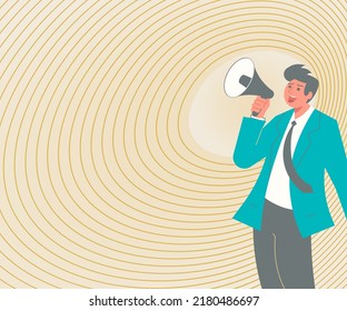 Illustration Of A Man Pointing Away Holding Megaphone Making New Announcement. Gentleman Drawing Spotting To Other Side Using Bullhorn Presenting Loudly Recent Advertisement.