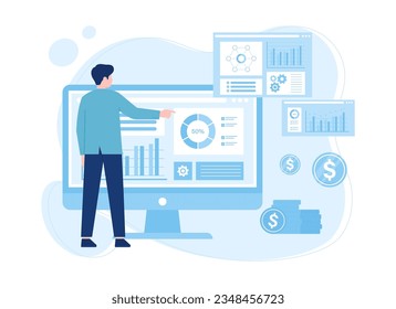 Illustration of a man pointing at a computer screen with graphs and coins trending concept flat illustration