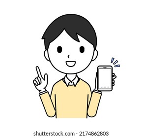 Illustration of a man pointing and holding a smartphone, upper body, line drawing.