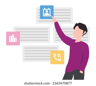 Illustration: A man pointing at an icon menu on a floating board. Flat style, simple, pink and purple hues, designed for a web-related visual.