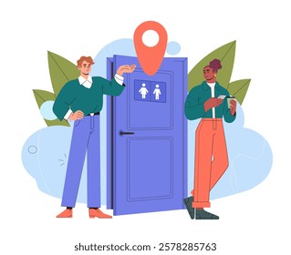 Illustration of a man pointing to a restroom door with gender signs and a location pin above, and a woman holding a phone, on a white background. Restroom location concept. Vector illustration.