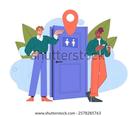 Illustration of a man pointing to a restroom door with gender signs and a location pin above, and a woman holding a phone, on a white background. Restroom location concept. Vector illustration.