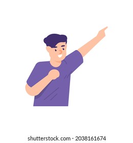 illustration of a man pointing up. look up. people smile. flat cartoon style. vector design