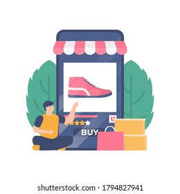 illustration of a man pointing and using a smartphone to shop for shoes at an online shop. e-commerce business concept. online shopping. flat design. can be used for elements, landing pages, UI