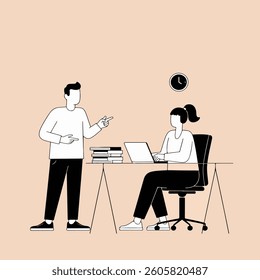 Illustration of a man pointing at a woman working on a laptop at a desk with books in an office setting.
