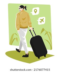 illustration of man with ponytail back view walking with suitcase, preparing to travel, vacation. airplane icon, location icon. green background and leaves. flat vector style