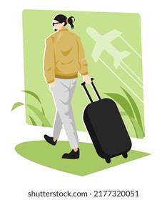 illustration of man with ponytail hair back view walking with suitcase, preparing to travel, vacation. background flying airplane and leaves. flat vector style