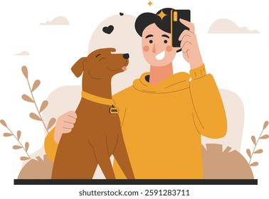 Illustration of a man posing with his dog. This illustration depicts the warm relationship between a pet and its owner in a meaningful visual way.