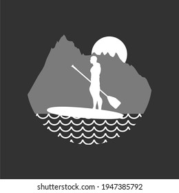 Illustration of man posing with surf board