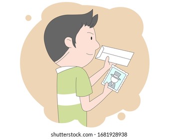 Illustration of a man with a postal envelope and stamp in hand.