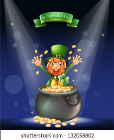 Illustration of a man with a pot full of coins at the center of the stage