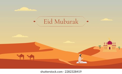 An illustration of a man praying in the desert with a camel and mosque in the cloudy sky background. Ramadan Mubarak is a celebration of the eid mubarak poster card. Vector design banner.