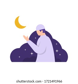 illustration of a man praying at night asking for forgiveness and help. Muslim illustration. flat design. can be used for elements, landing pages, UI.