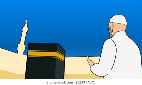 An illustration of man praying on Ka'bah Makkah flat art, perfect for eid adha background with copy space, eid Mubarak with copy space, muslim celebration 