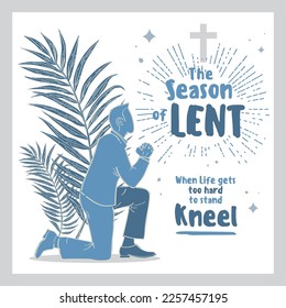 An illustration of a man praying with palm leaves on the background