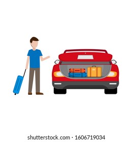 illustration of a man preparing for a trip with a sedan to go out of town isolated from a white background