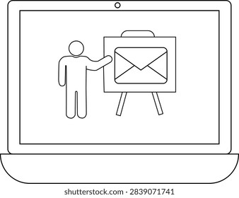 Illustration of a man presenting an email icon on an easel, displayed on a laptop screen, symbolizing online communication and presentations.