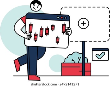 illustration of a man presenting how to analyze the trading market. business vector illustration with people and flat design