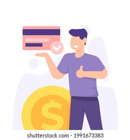 illustration of a man presenting or showing something. secure payment or transaction concept. transaction protection. ATM cards and coins. flat cartoon style. vector design
