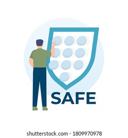 illustration of a man pressing a button on a shield. the concept of personal data protection or personal identity protection, VPN, browsing security, creating passwords. flat style. UI element design