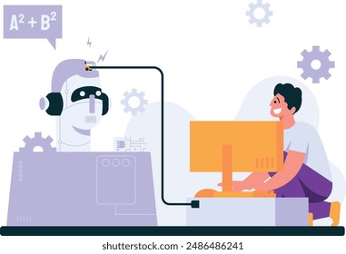 illustration of a man programming a robot, futuristic theme illustration vector shows a view of the future. flat vector illustration