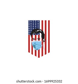 Illustration of man with protection mask and American flag symbol background.