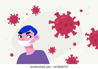 Ilustración de un hombre con una máscara protectora. Vector. Epidemia. Virus de la corona pandémica mundial 19. Una persona sana con una máscara médica. Protección contra virus y bacterias.