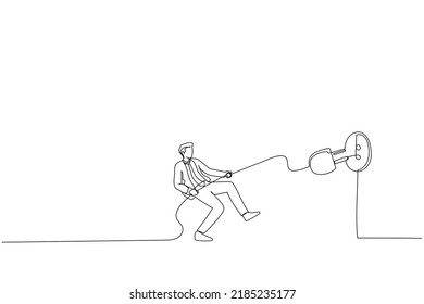 Illustration of man pulling electric cord to unplug to save money or for ecology power. One line art style
