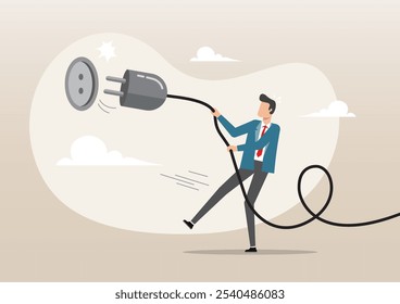 Ilustração do homem puxando o cabo elétrico para desligar para economizar dinheiro ou para a energia ecologia. Economia de energia elétrica, consciência ecológica ou conceito de redução de custos e despesas elétricas