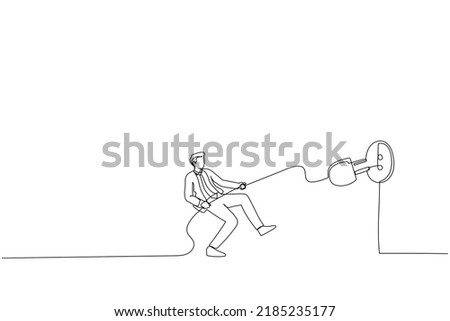 Illustration of man pulling electric cord to unplug to save money or for ecology power. One line art style
