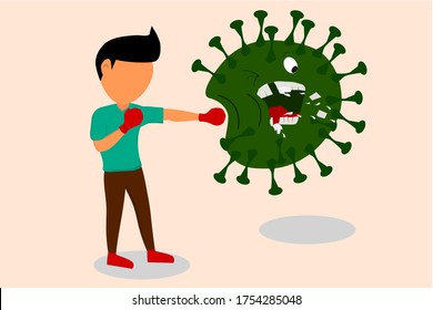the illustration of a man punched a corona virus. a man fighting corona virus Eps 10 Vector. together fighting corona virus