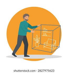 Illustration of a man pushing a blue wireframe cube containing minimalist furniture and a plant, representing moving house or interior design concepts.