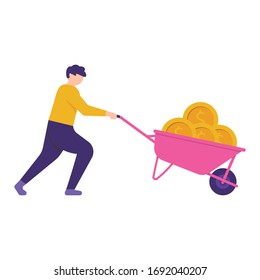 illustration of a man pushing a cart full of coins. concept of successful people, rich people. flat design. Can be used for landing pages, templates, UI, web.