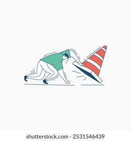 Ilustração de um homem empurrando um cone de trânsito com grande esforço.