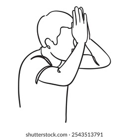 illustration of man put both hand on forehead sign of pray gesture line art design concept