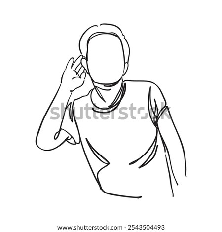 Illustration of man put hand to ear listening gesture line art design design concept