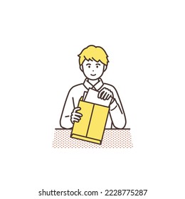 Illustration of a man putting documents in an envelope. vector.