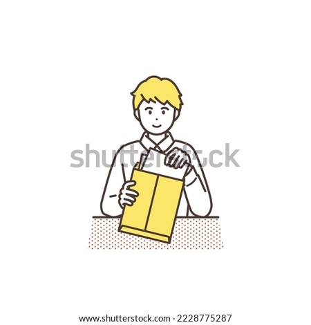 Illustration of a man putting documents in an envelope. vector.