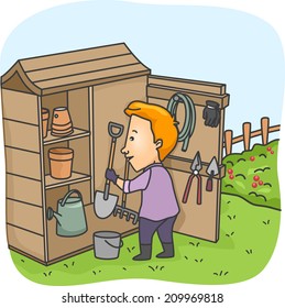 Illustration of a Man Putting Garden Tools in His Tool Shed