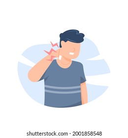 illustration of a man putting a patch on his neck to relieve pain. experiencing neck pain, neck feels hot and stiff. muscle ache. sore aches. flat cartoon style. vector design