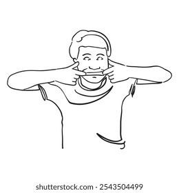 illustration of man putting point finger on the mouth mock gesture line art design concept