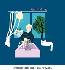 ilustración de un hombre en cuarentena, diseño vectorial