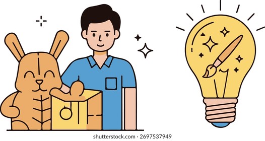 Ilustração de um homem com um coelho e uma lâmpada representando uma ideia criativa.