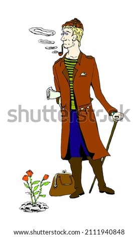 illustration a man in a raincoat with a cane