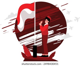 illustration of a man raising the flag, a strong illustration with a high spirit of nationalism and full of enthusiasm. concept illustration of Indonesian independence day vector